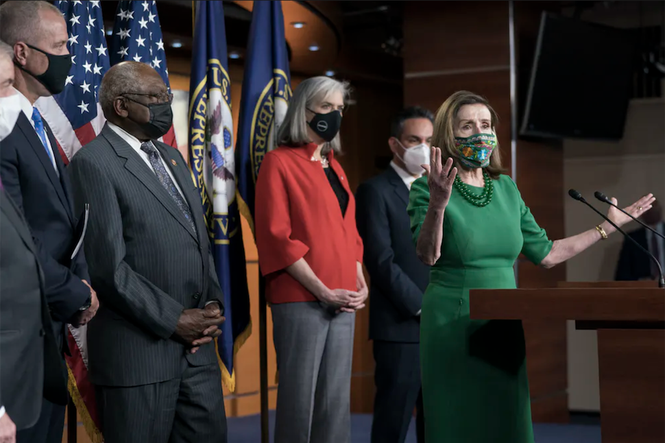 Speaker of the House Nancy Pelosi and other top Democrats meet with reporters before the House voted to pass a $1.9 trillion pandemic relief package on Feb. 26, 2021. (AP Photo/J. Scott Applewhite)